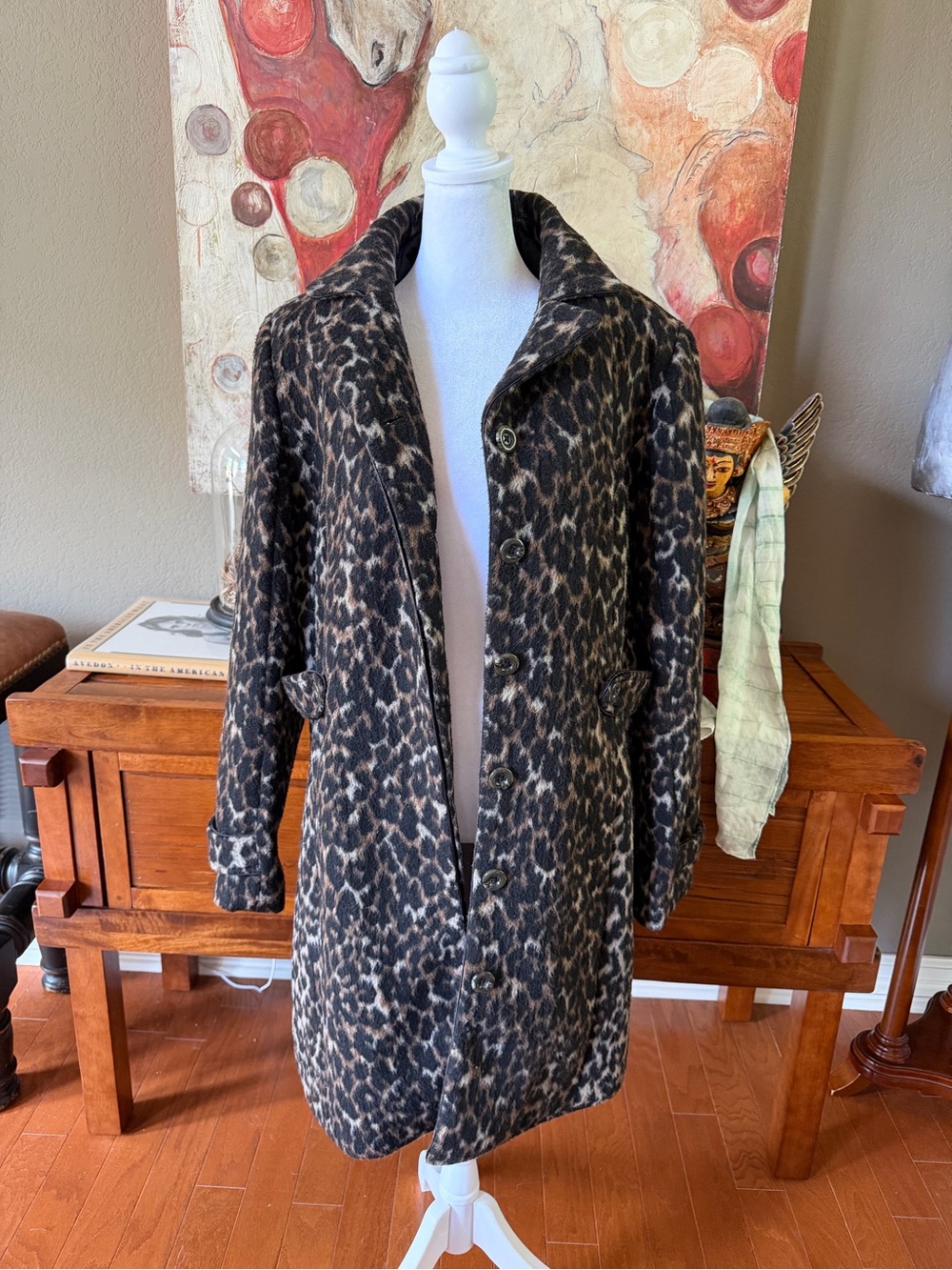 Merona Leopard Print Coat Faux Fur Collar Wool Blend Long Coat XL - Picture 5 of 8